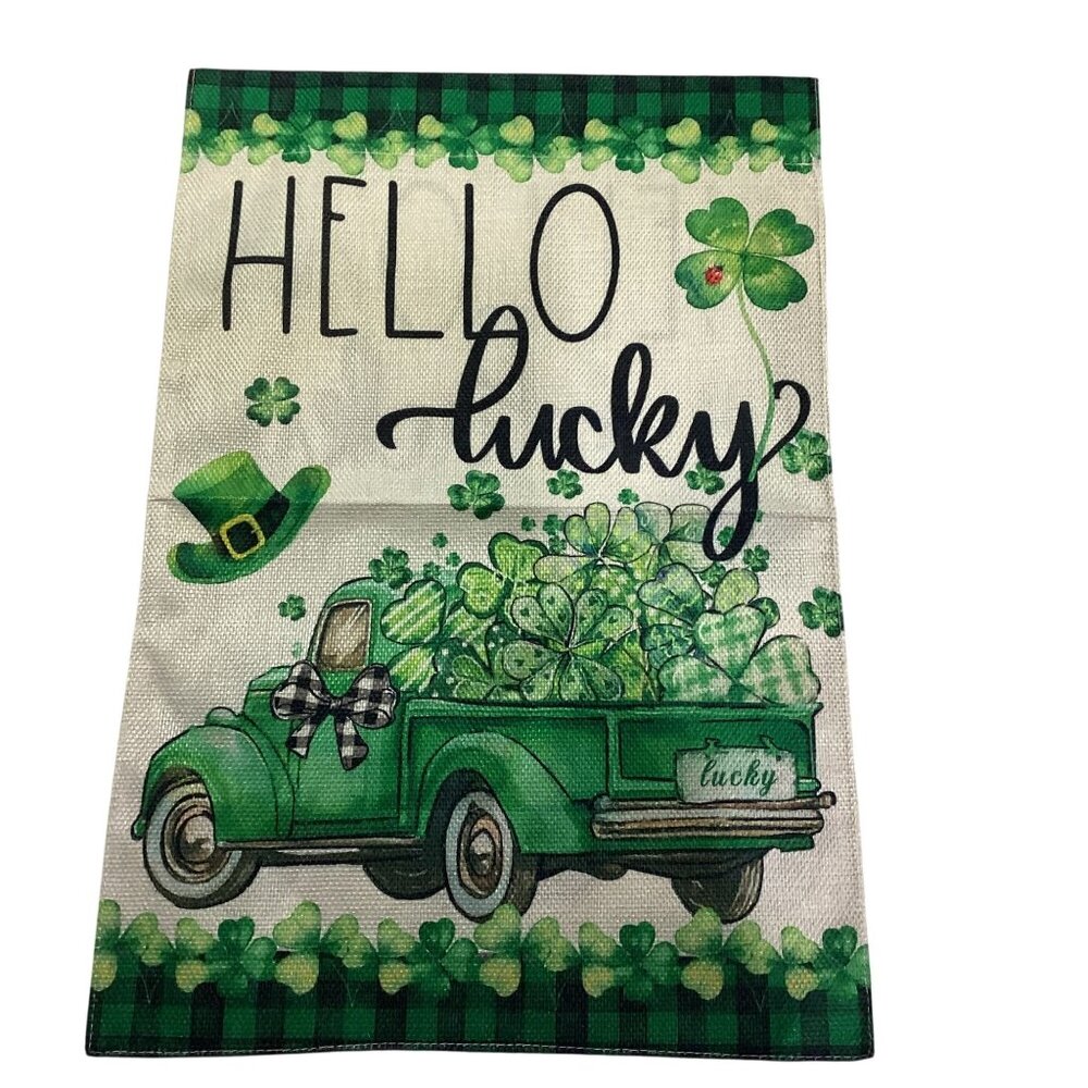 18X13 St Patrick's Day Poly Burlap "HELLO LUCK" Yard Banner 2 Pack New Sealed
